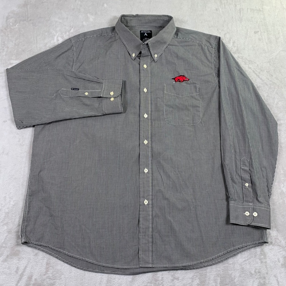 Antigua Button Down Shirt Mens XXL Black Gingham Arkansas Razorbacks Long Sleeve - Picture 2 of 7